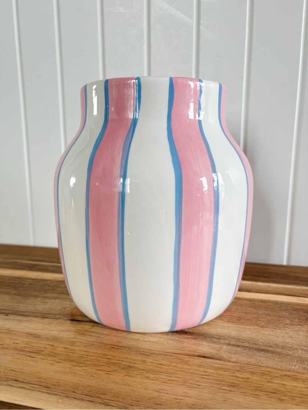 Pink Blue Striped Ceramic Vase Hand Painted Style 6.75”